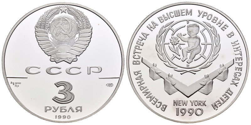 Russia. 3 rublos. 1990. (Km-Y247). Ag. 34,56 g. Cumbre Internacional del Niño. P...