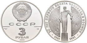Russia. 3 rublos. 1991. (Km-Y262). Ag. 34,56 g. Estatua de Yuri Gagarin. PR. Est...35,00.