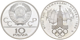 Russia. 10 rublos. 1977. (Km-Y150). Ag. 33,30 g. Juegos Olímpicos Moscú 1980. UNC. Est...25,00.