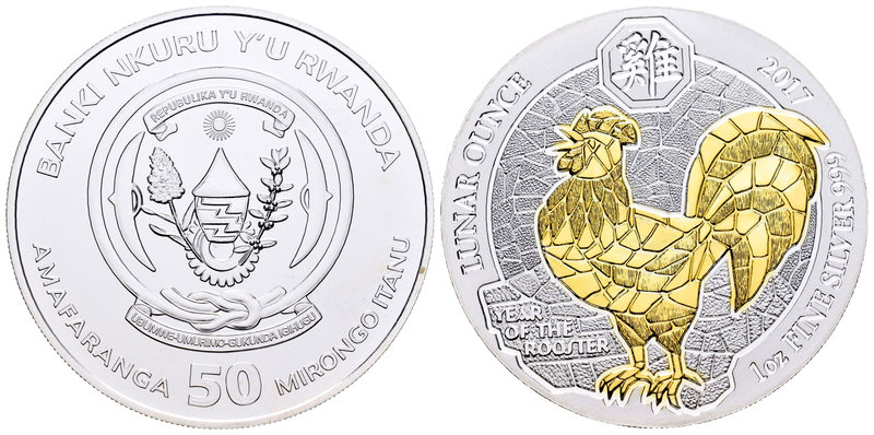 Rwanda. 50 francos. 2017. Ag. 31,11 g. Year of the Rooster. Partial gold plated....