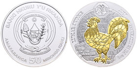 Rwanda. 50 francos. 2017. Ag. 31,11 g. Year of the Rooster. Partial gold plated. PR. Est...50,00.