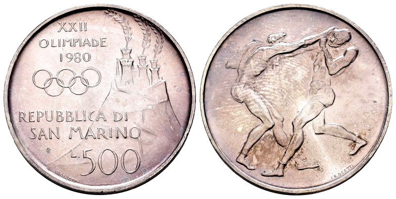 San Marino. 500 liras. 1980. (Km-110). Ag. 11,00 g. Juegos Olímpicos Moscú 1880,...
