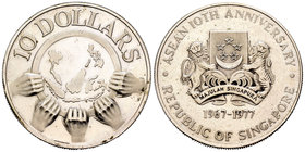 Singapour. 10 dollars. 1977. (Km-16). Ag. 31,10 g. ASEAN 10th Anniversary. UNC. Est...25,00.