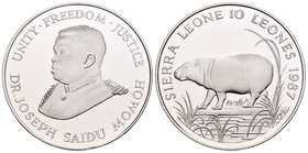 Sierra Leone. Lari. 1987. (Km-41). Ag. 28,28 g. Hipopótamo. PR. Est...25,00.