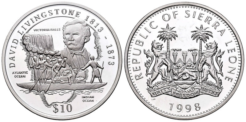 Sierra Leone. 10 dollars. 1998. (Km-A110). Ag. 28,28 g. David Livingstone. PR. E...