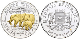 Somalia. 100 shillings. 2013. Ag. 31,11 g. Elephant. Partial gold plated. PR. Est...50,00.