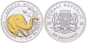 Somalia. 100 shillings. 2018. Ag. 31,11 g. Elephant. Partial gold plated. PR. Est...40,00.