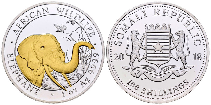 Somalia. 100 shillings. 2018. Ag. 31,11 g. Elephant. Partial gold plated. PR. Es...
