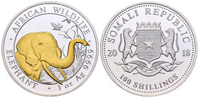 Somalia. 100 shillings. 2018. Ag. 31,11 g. Elephant. Partial gold plated. PR. Est...40,00.