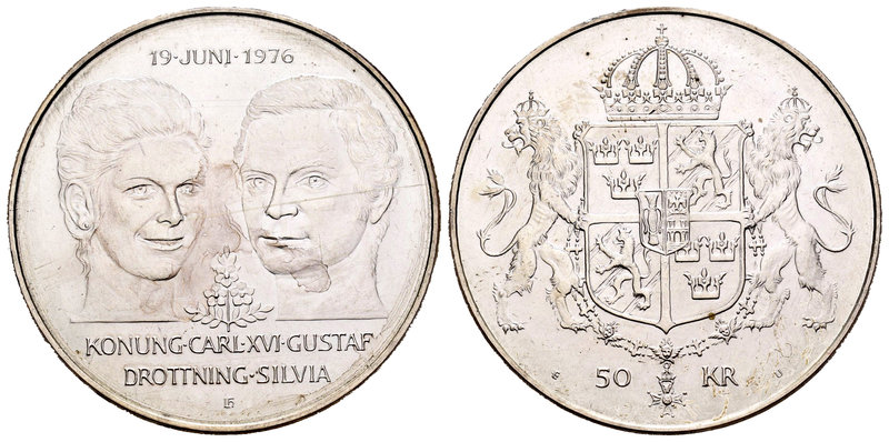 Sweden. Charles XVI. 50 coronas. 1976. (Km-854). Ag. 26,89 g. Boda del rey Carlo...