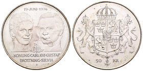 Sweden. Charles XVI. 50 coronas. 1976. (Km-854). Ag. 26,89 g. Boda del rey Carlos XVI Gustavo y la reina Silvia el 19 de junio. UNC. Est...25,00.