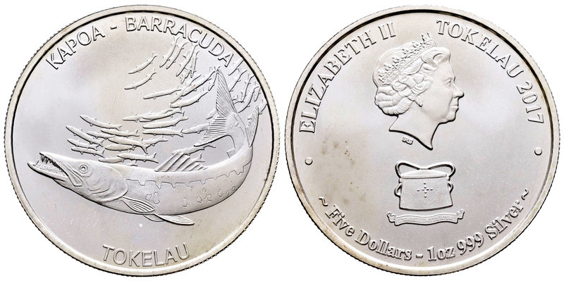 Tokelau. Elizabeth II. 5 dollars. 2017. (Km-91). Ag. 31,10 g. Barracuda. UNC. Es...