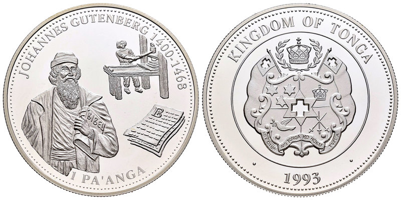 Tonga. 1 pa´anga. 1993. (Km-152). Ag. 31,47 g. 525th Anniversary of Johannes Gut...