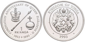 Tonga. 1 pa´anga. 1993. (Km-144). Ag. 31,47 g. 40th Anniversary of the Coronation of Queen. PR. Est...40,00.