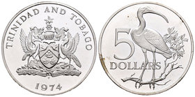 Trinidad y Tobago. 5 dollars. 1974. FM. (Km-8). Ag. 29,70 g. PR. Est...25,00.