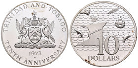 Trinidad y Tobago. 10 dollars. 1972. FM. (Km-16). Ag. 35,30 g. Tenth Anniversary of Independence. PR. Est...30,00.