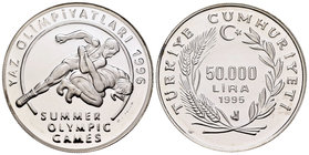 Turkey. 50000 lira. 1995. (Km-1045). Ag. 31,47 g. Atlanta Olympic Games 1996. PR. Est...40,00.