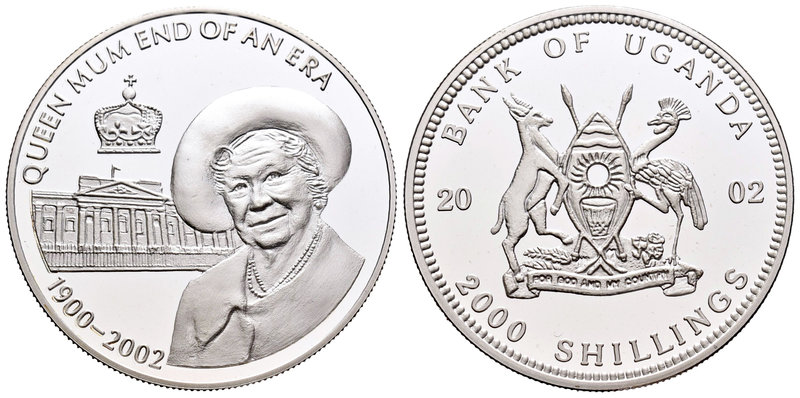 Uganda. 2000 shillings. 2002. (Km-no cita). Ag. 30,84 g. Queen Mum end of an Era...