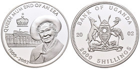 Uganda. 2000 shillings. 2002. (Km-no cita). Ag. 30,84 g. Queen Mum end of an Era. PR. Est...30,00.