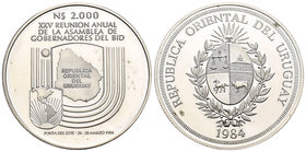 Uruguay. 2.000 nuevos pesos. 1984. (Km-88). Ag. 25,00 g. XXV annual meeting of the IDB governors assembly. PR. Est...25,00.