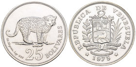 Venezuela. 25 bolívares. 1975. (Km-Y47). Ag. 28,63 g. Jaguar. UNC. Est...25,00.