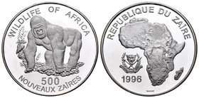Zaire. 500 nouveaux zaïres. 1996. (Km-21). Ag. 20,00 g. Gorilla. PR. Est...25,00.