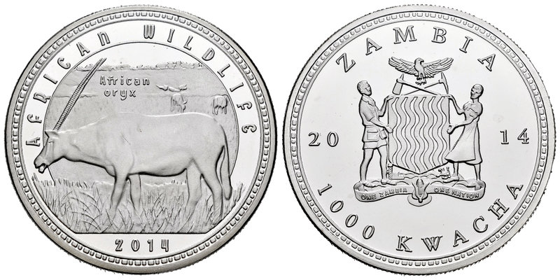 Zambia. 1000 kwacha. 2014. Ag. 31,08 g. African oryx. PR. Est...30,00.