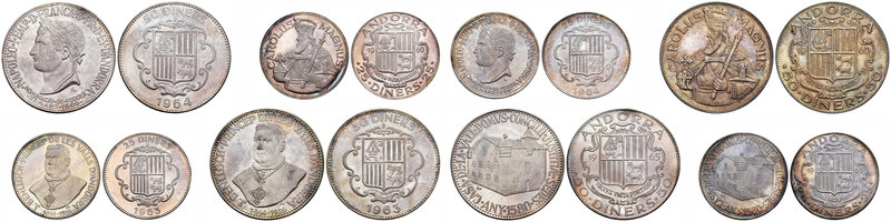 Andorra. Lote de 8 piezas de plata, 50 diners (1960, 1960, 1963, 1964) y 25 dine...
