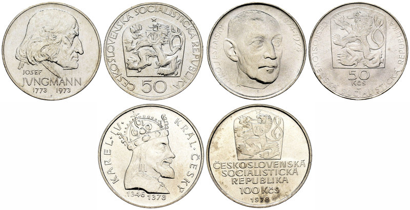 Czechoslovakia. Lote de 3 piezas de plata, 50 coronas (1973, 1974) y 100 coronas...