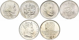 Czechoslovakia. Lote de 3 piezas de plata, 50 coronas (1973, 1974) y 100 coronas (1978). A EXAMINAR. UNC. Est...30,00.