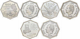 Lote de 3 piezas de plata de 1.500 pesetas, 1999 (1), 2000 (2). A EXAMINAR. PR. Est...60,00.