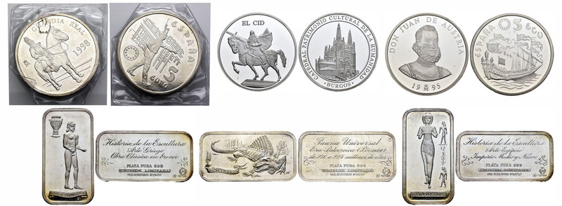 Lote de 6 piezas de plata, 5 ECUS 1995, 5 euros 1998, 1 onza Catedral de Burgos ...