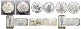 Lote de 6 piezas de plata, 5 ECUS 1995, 5 euros 1998, 1 onza Catedral de Burgos y 3 pequeños lingotes de plata de la FNMT de 25 g. A EXAMINAR. PR. Est...