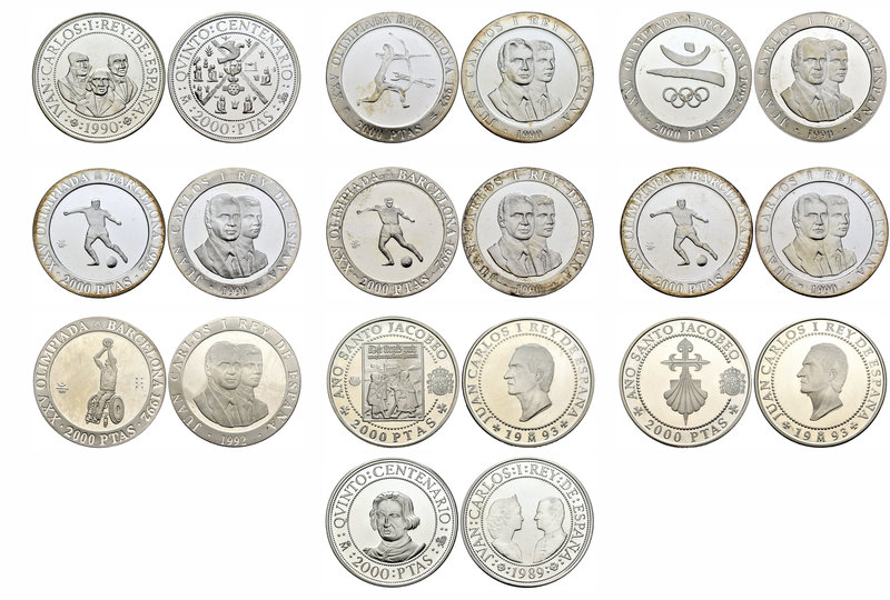 Lote de 10 piezas de plata de 2.000 pesetas, 1989 (1), 1990 (5), 1992 (2), 1993 ...