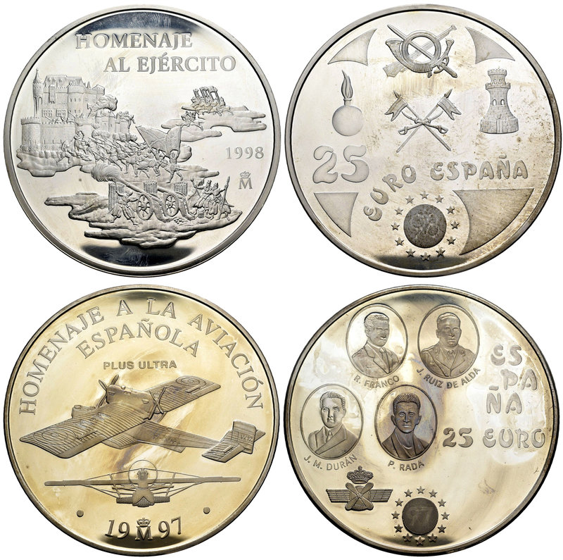 Lote de 2 piezas de plata de 25 euros, 1997 homenaje a la aviación y 1998 homena...