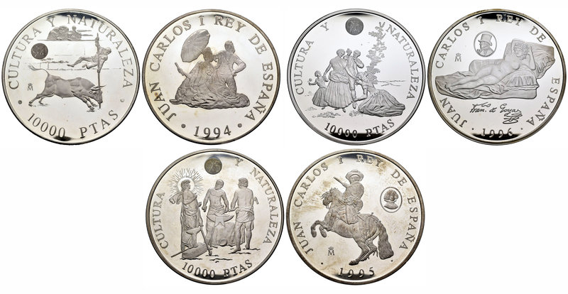 Lote de 3 piezas de plata de 10.000 pesetas de naturaleza y arte, 1994 (Km-943),...