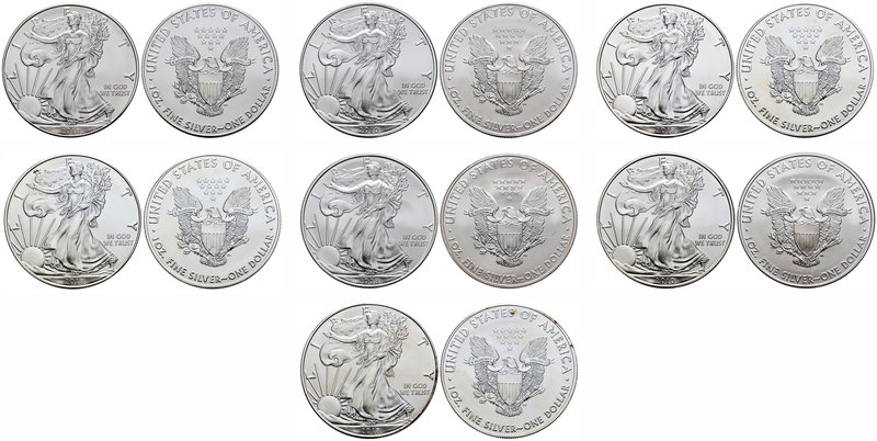 United States. Lote de 7 piezas de plata de 1 dollar-onza, 2008, 2010 (2), 2018 ...