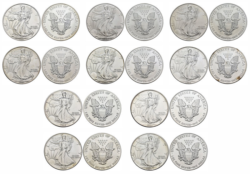 United States. Lote de 10 piezas de plata de 1 dollar-onza, 1986,1989, 1991, 199...