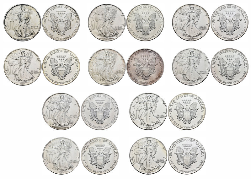 United States. Lote de 10 piezas de plata de 1 dollar-onza, 1986, 1987, 1988, 19...