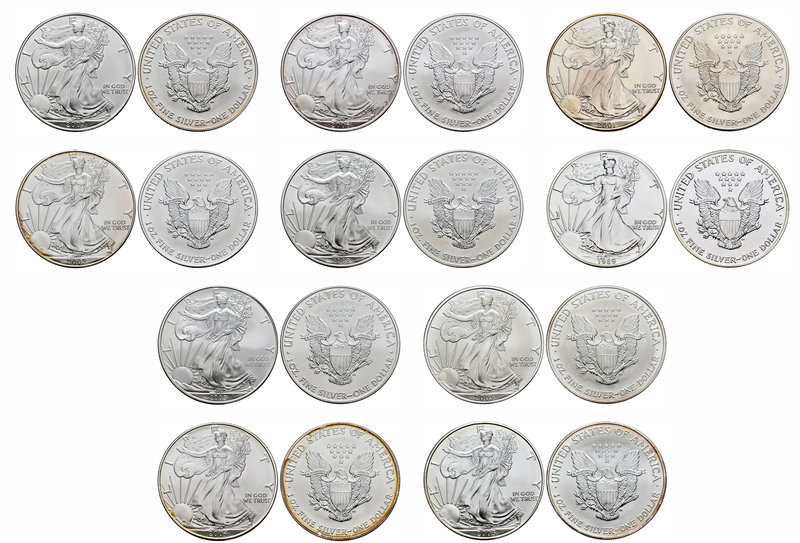 United States. Lote de 10 piezas de plata de 1 dollar-onza, 1989,2001, 2002, 200...