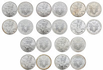 United States. Lote de 10 piezas de plata de 1 dollar-onza, 1989,2001, 2002, 2003, 2004, 2005, 2006, 2007, 2008, 2009. A EXAMINAR. UNC. Est...200,00.