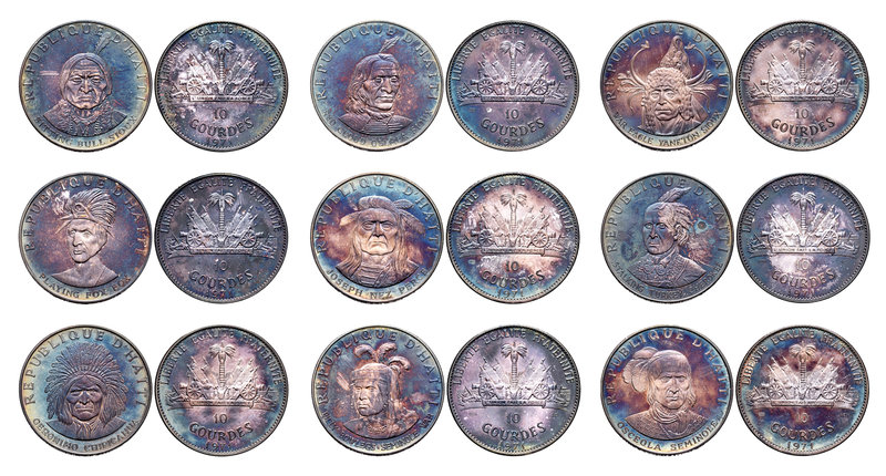 Haiti. Lote de 9 piezas de 10 Gourdes de la serie púrpura de 1971. A EXAMINAR. U...
