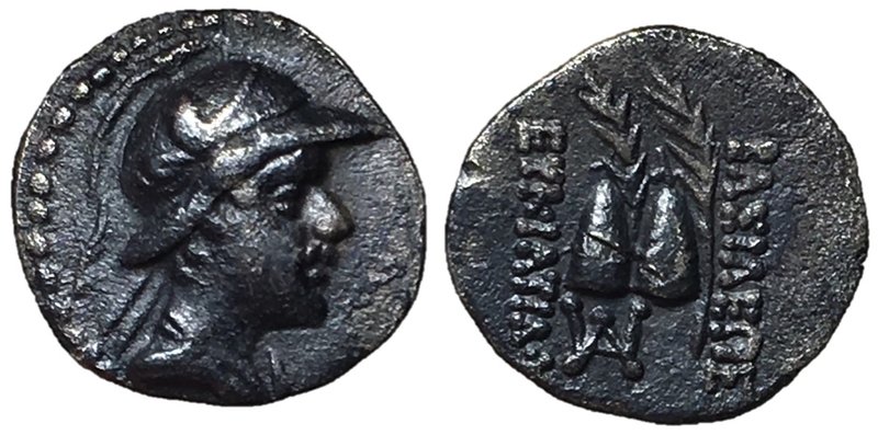 Kings of Baktria, Eukratides I Megas, 170 - 145 BC
Silver Obol, 10mm, 0.68 gram...