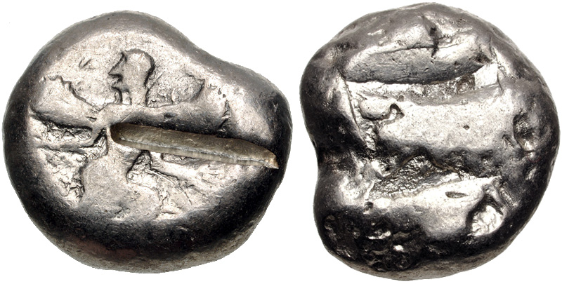 Caria, Kaunos, 490 - 470 BC
Silver Stater, 19mm, 12.04 grams
Obverse: Winged f...
