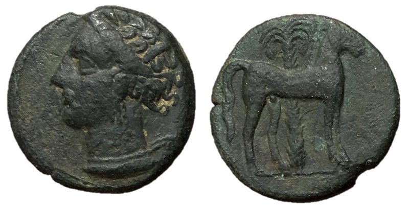 Carthage, 40 - 350 BC
AE Unit, 16mm, 2.53 grams
Obverse: Wreathed head of Tani...