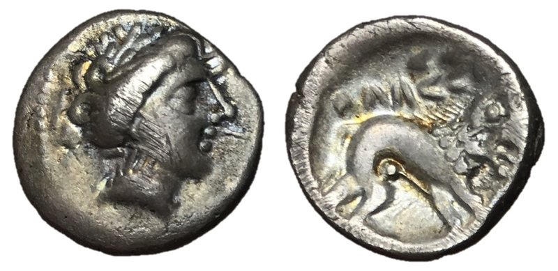 Southern Gaul, Insubres, 1st Century BC
Silver Tetrobol, 16mm, 2.46 grams
Obve...