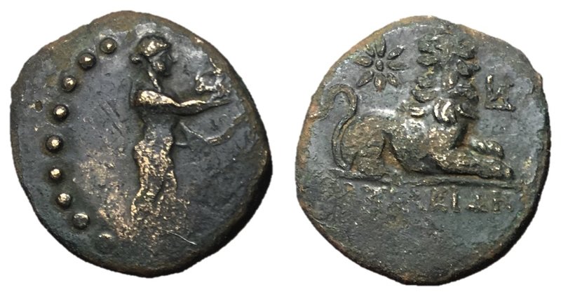 Ionia, Miletos, 200 BC
AE Hemiobol, 20mm, 3.62 grams
Obverse: Apollo Didymeus ...