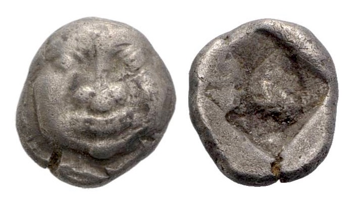 Macedonia, Neapolis, 500 - 480 BC
Silver Obol, 8mm, .98 grams
Obverse: Facing ...