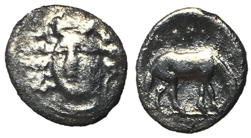 Thessaly, Larissa, 356 - 337 BC
Silver Obol, 10mm, 0.53 grams
Obverse: Head of...
