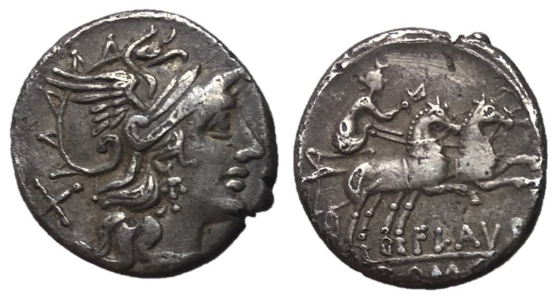 Decimius Flavius, 150 BC
Silver Denarius, Rome Mint, 17mm, 3.30 grams
Obverse:...